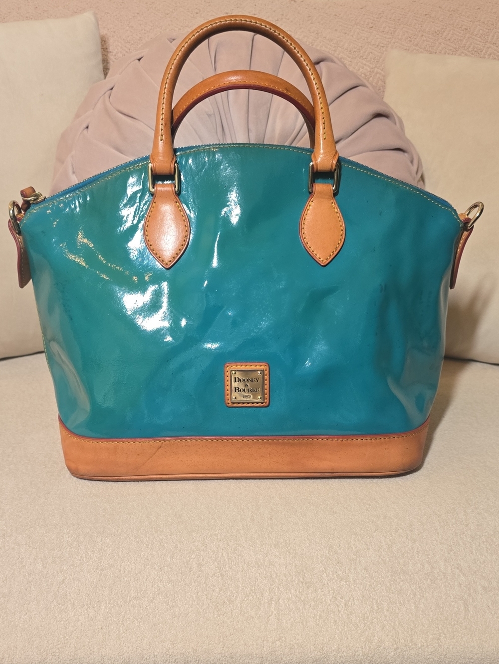 Dooney & Bourke Ocean Teal Patent Leather Domed Satchel Vachetta Trim